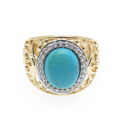 ROSS SIMONS 925 Sterling Silver Gold Plated Faux Turquoise & C Z Ring Size 6.25