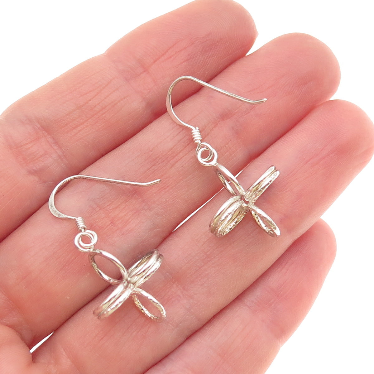 925 Sterling Silver Vintage Modernist Spiral Cross Dangle Earrings