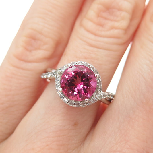 925 Sterling Silver Real Round-Cut White Topaz & Pink C Z Ring Size 5.25