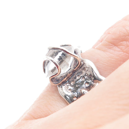925 Sterling Silver Vintage Real Clear Quartz Modernist Band Ring Size 6.5