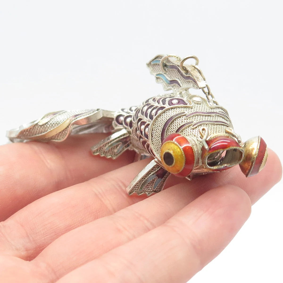 925 Sterling Silver Antique Enamel Chinese Koi Fish Chatelaine Fob