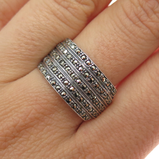 925 Sterling Silver Vintage Real Marcasite Oxidized Ring Size 9