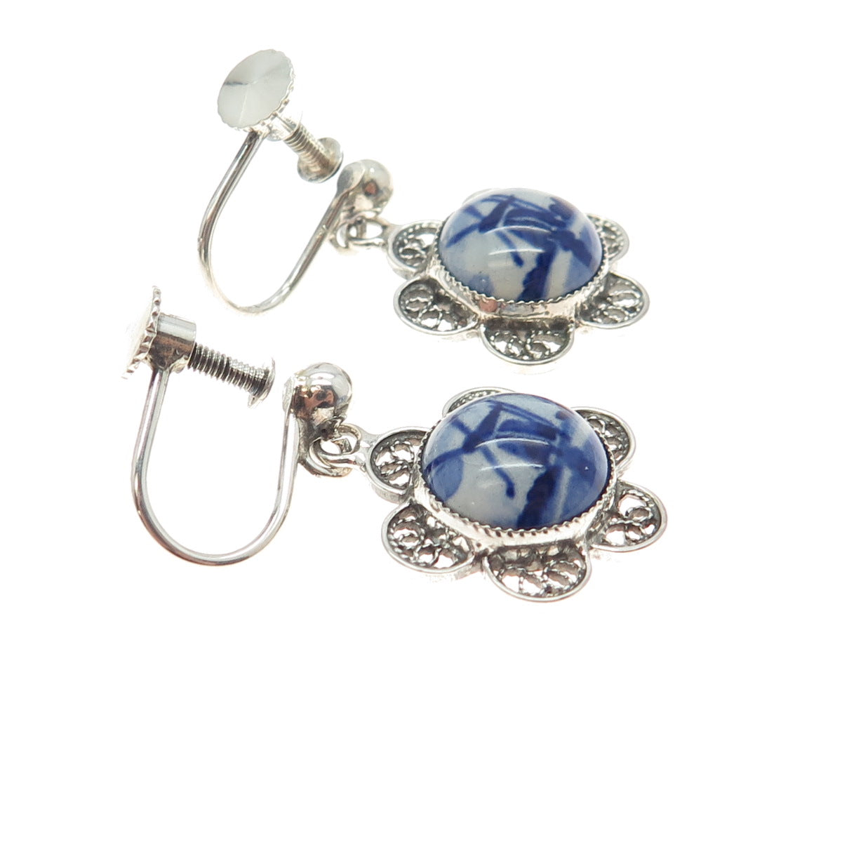 DELFT 925 Sterling Silver Vintage Ceramic Old Mill Filigree Screw Back Earrings