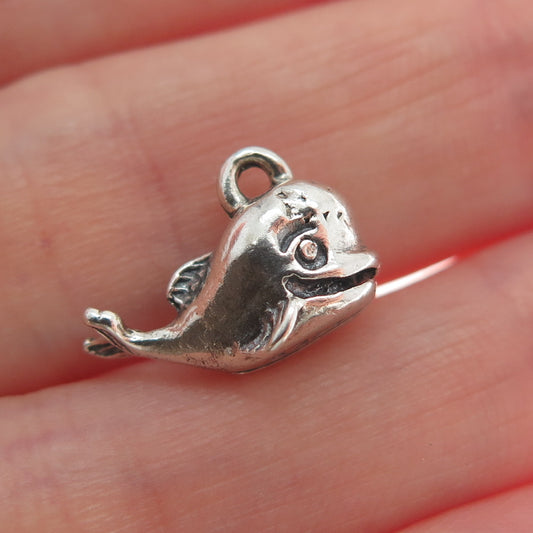 925 Sterling Silver Vintage Baby Whale Oxidized Minimalist 3D Charm Pendant