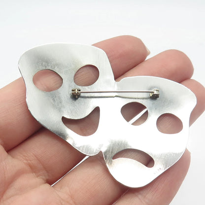 925 Sterling Silver Vintage Sock & Buskin Tragedy Comedy Mask Pin Brooch