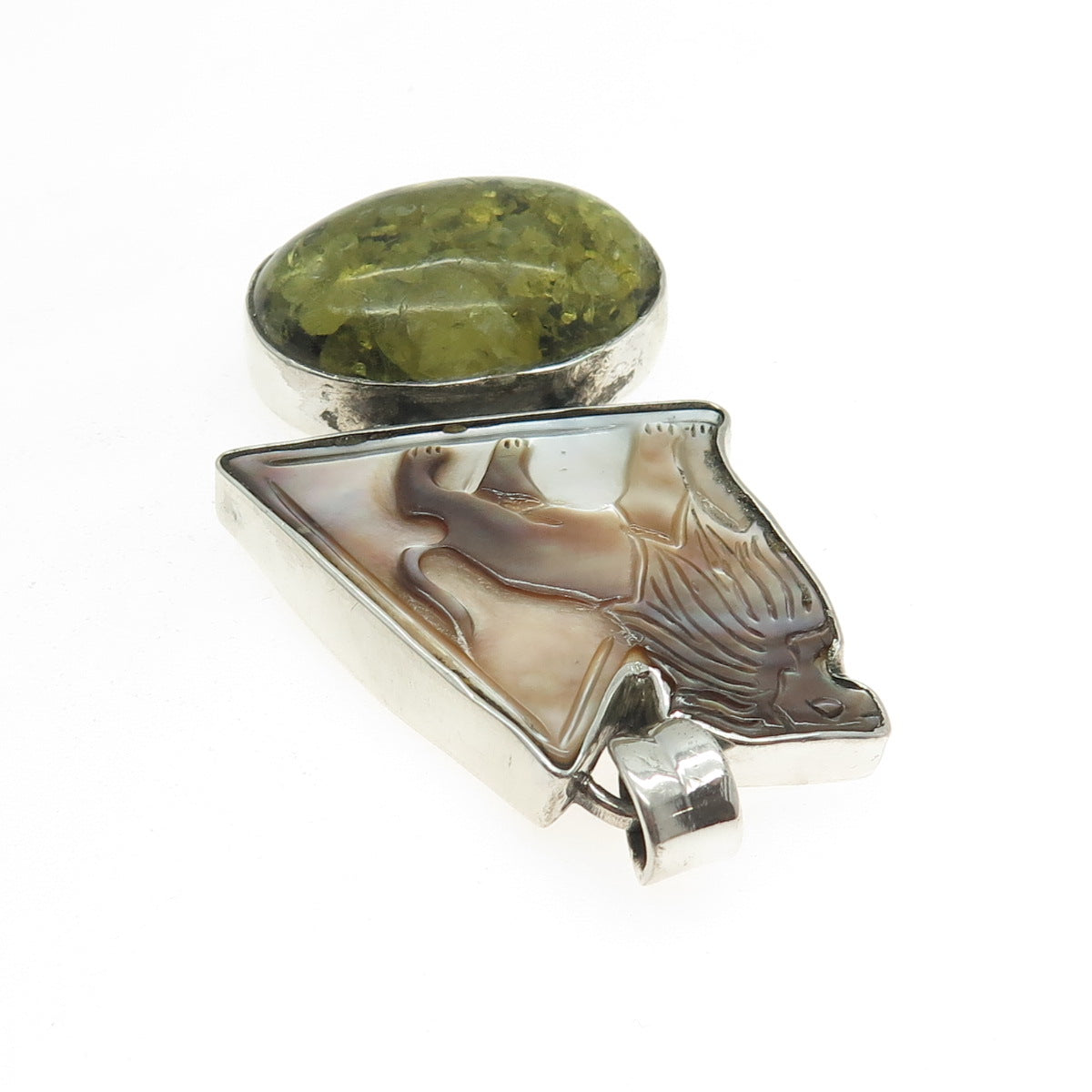 925 Sterling Silver Vintage Southwestern Abalone Shell Green Amber Lion Pendant