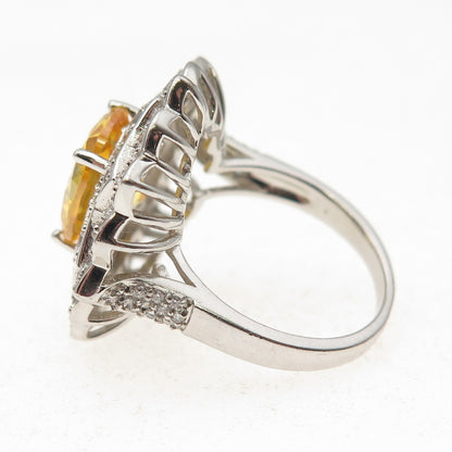 925 Sterling Silver Canary & White C Z Flower Ring Size 7.25