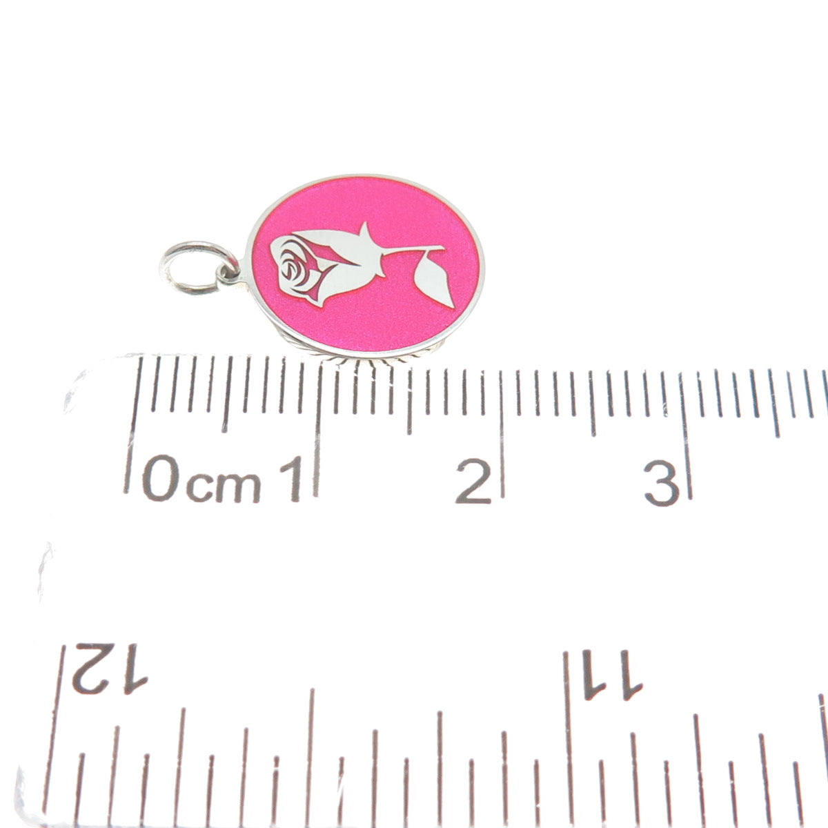 925 Sterling Silver Pink Enamel Rose Flower Round Tag Minimalist Charm Pendant