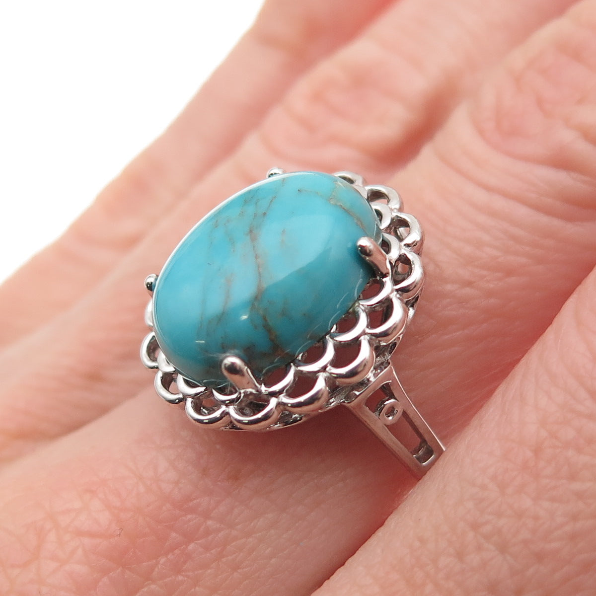 Lenox 925 Sterling Silver Real Bisbee Turquoise Floral Ring Size 7.25