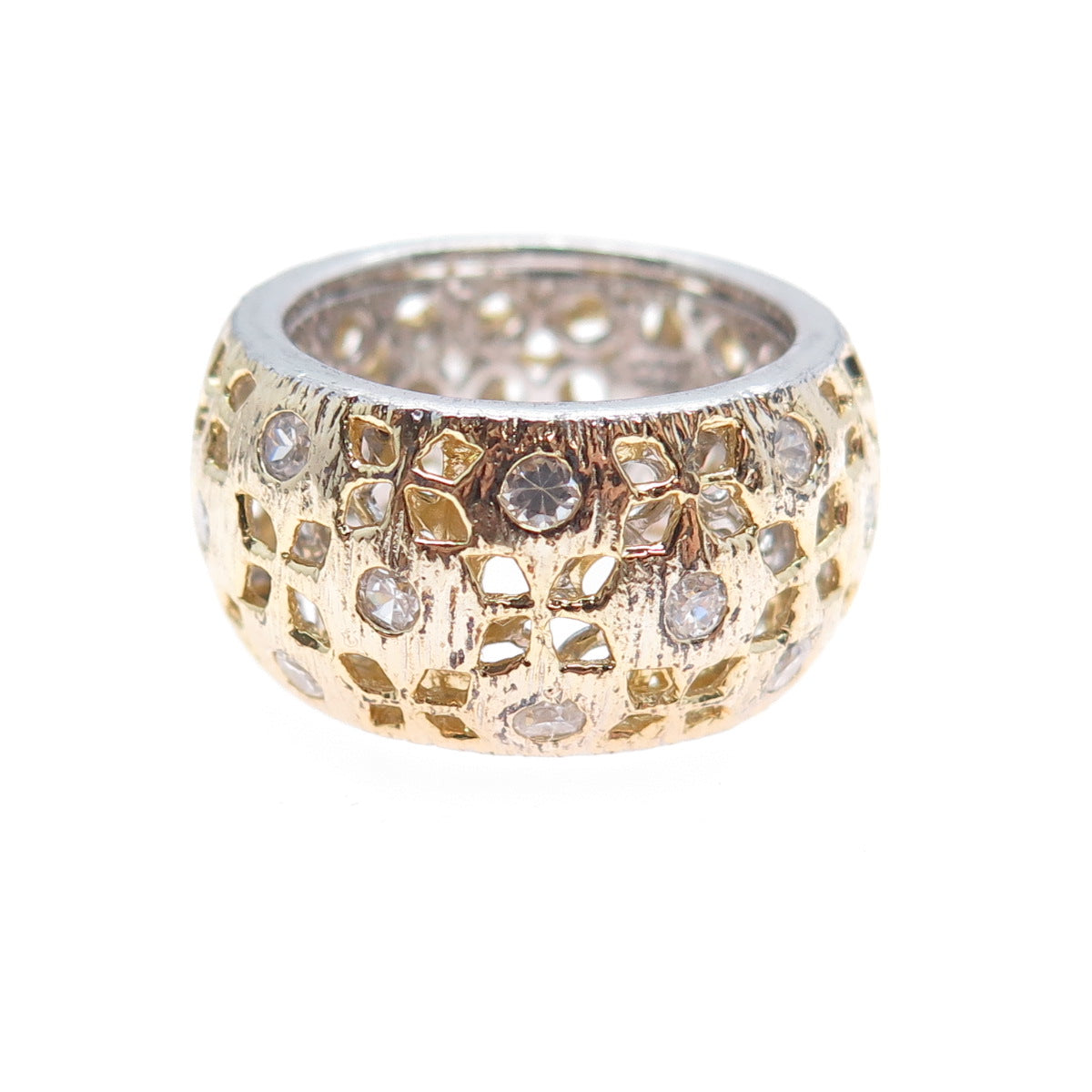 925 Sterling Silver 2-Tone Vintage Round-Cut C Z Flower Band Ring Size 7
