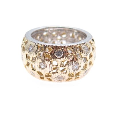 925 Sterling Silver 2-Tone Vintage Round-Cut C Z Flower Band Ring Size 7