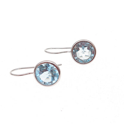 Han 925 Sterling Silver Real Round-Cut Blue Topaz Dangle Earrings