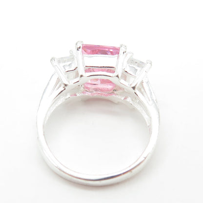 925 Sterling Silver White & Pink Radiant-Cut Shaped C Z Ring Size 5.5