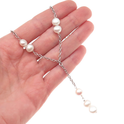 925 Sterling Silver Vintage Real Pearl Cable Chain Necklace 16-18"