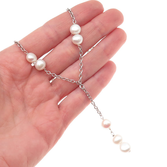 925 Sterling Silver Vintage Real Pearl Cable Chain Necklace 16-18"
