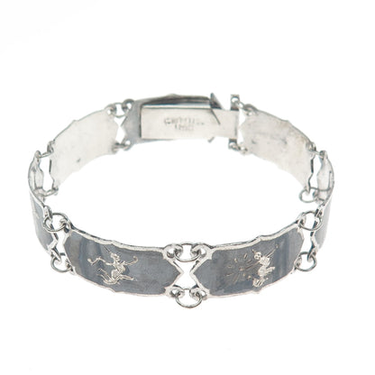 925 Sterling Silver Antique Siam Niello Hindu Goddess Panel Link Bracelet 7"