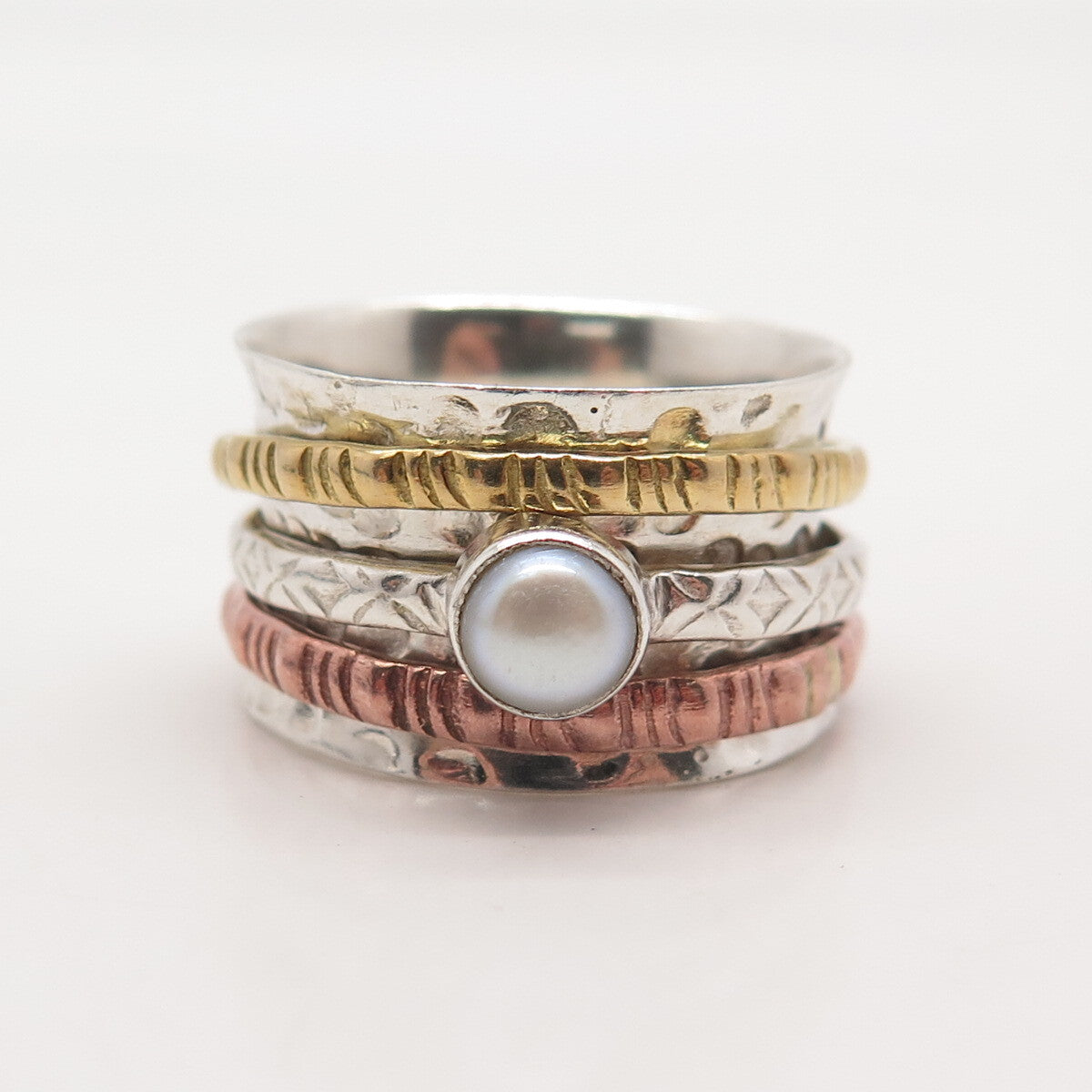 925 Sterling Silver 3-Tone Vintage Real Pearl Hammered Finish Ring Size 8.5