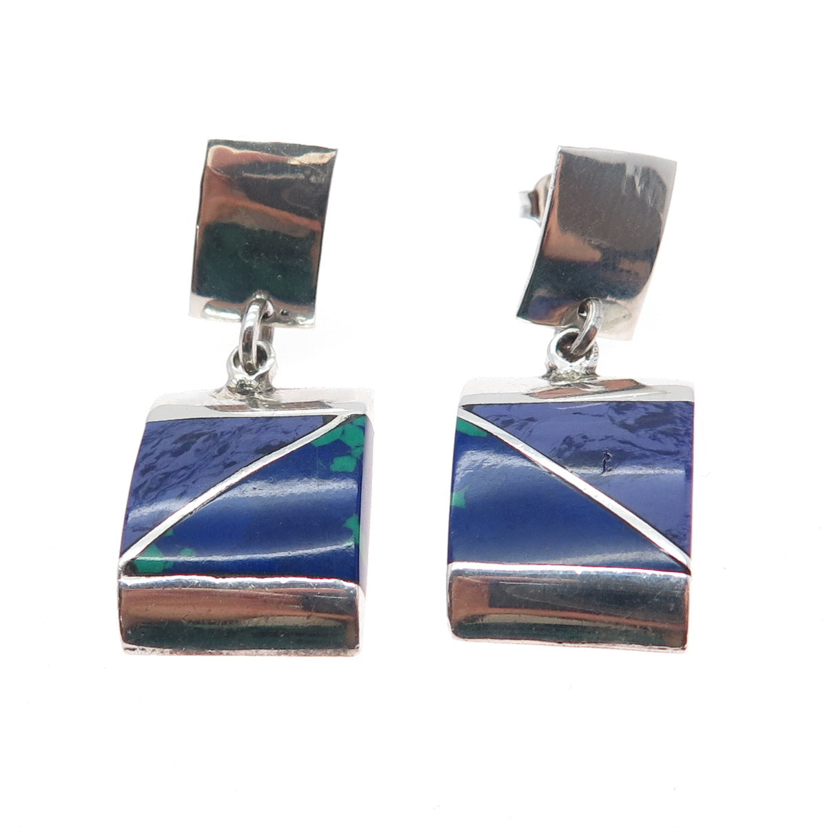 950 Silver Vintage Mexico Real Azurite Modernist Dangle Earrings