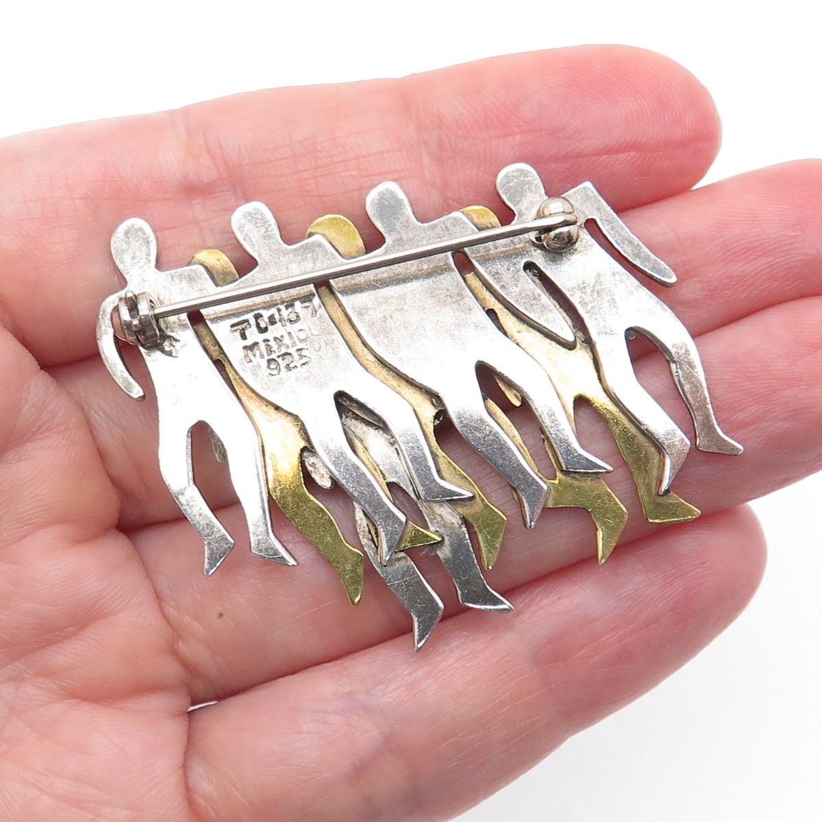 925 Sterling Silver 2-Tone Vintage Mexico Modernist Crowed Of Men Pin Brooch