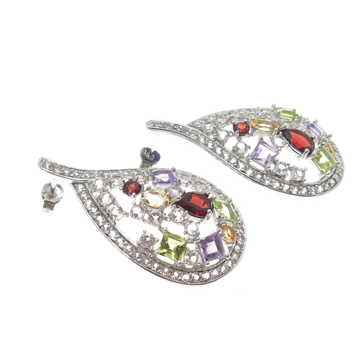 925 Sterling Silver Real White Topaz Peridot Amethyst Garnet & Citrine Earrings
