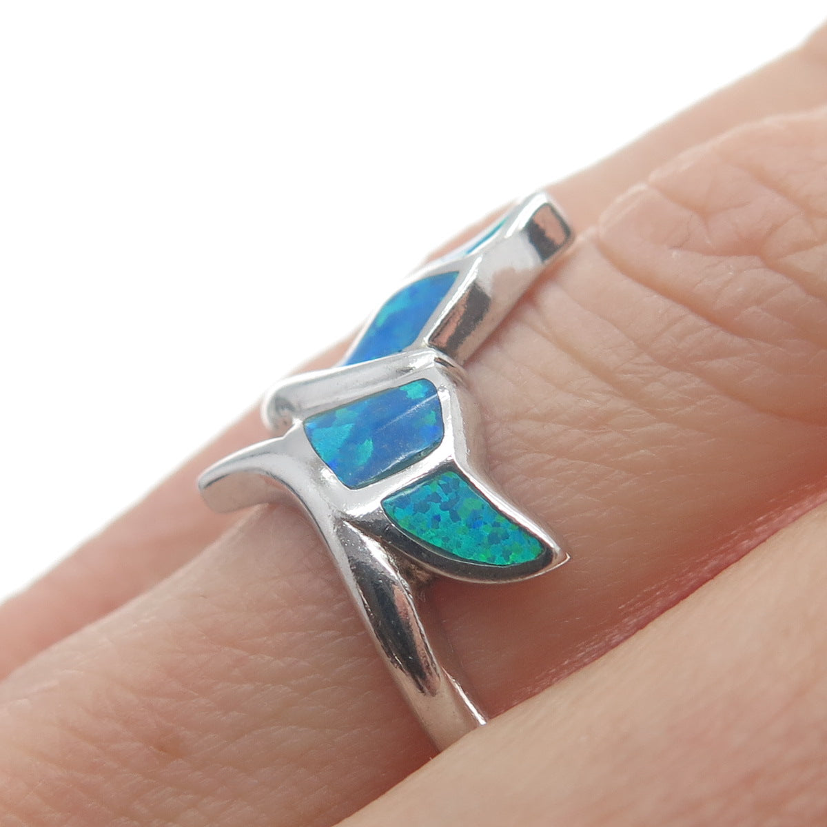 925 Sterling Silver Real Blue Opal Gemstone Whale's Tail Ring Size 6