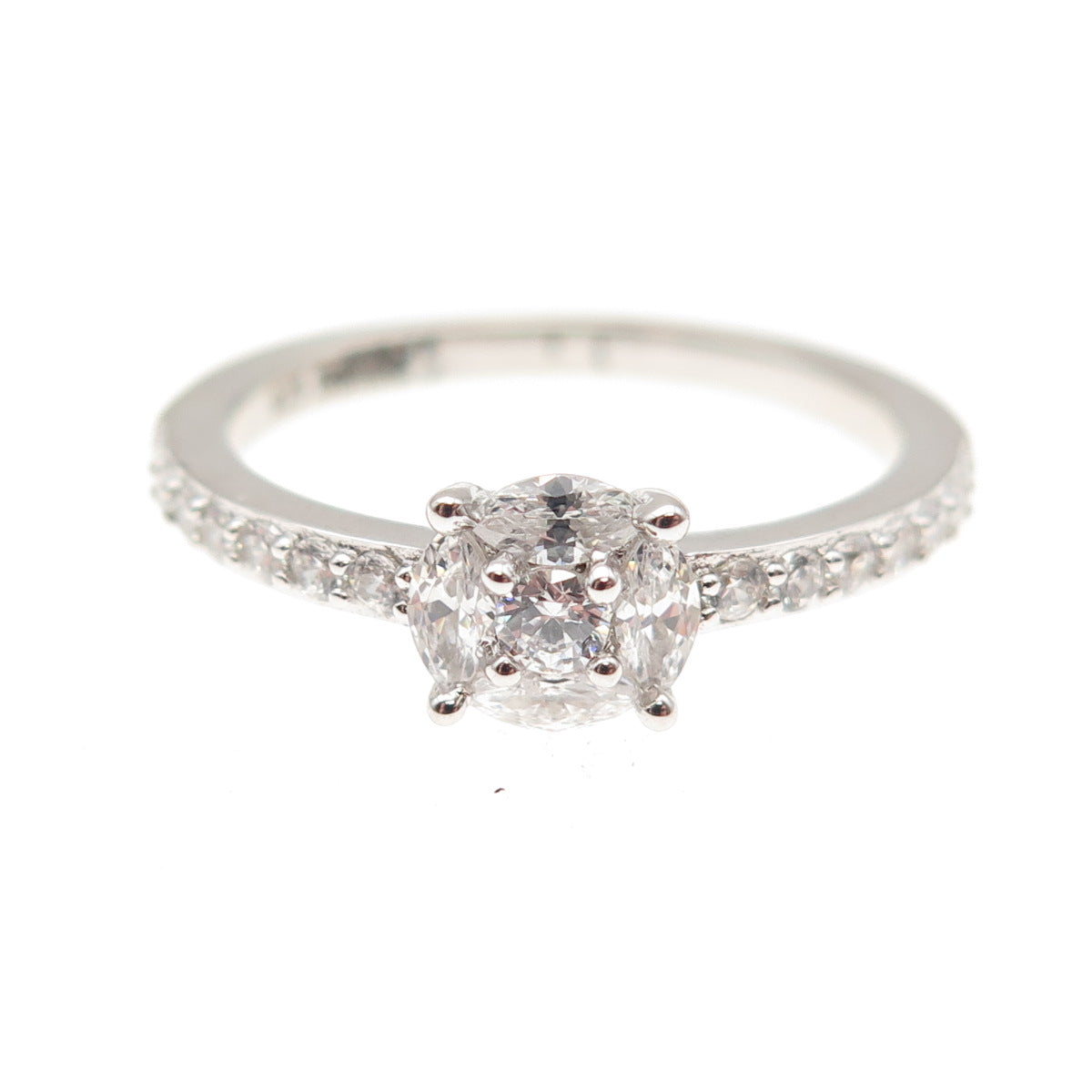 DSMK 925 Sterling Silver Round & Marquise-Cut C Z Engagement Ring Size 7.25