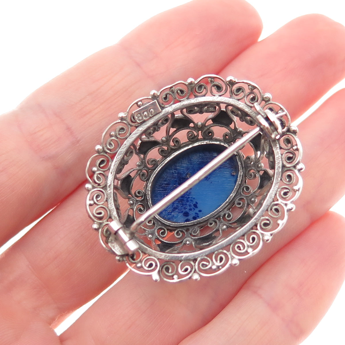 800 Silver Antique Art Deco Real Cabochon Lapis Filigree Oxidized Pin Brooch
