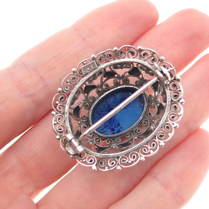 800 Silver Antique Art Deco Real Cabochon Lapis Filigree Oxidized Pin Brooch