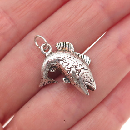 925 Sterling Silver Vintage Fish Oxidized 3D Mini Charm Pendant
