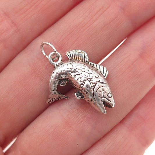 925 Sterling Silver Vintage Fish Oxidized 3D Mini Charm Pendant