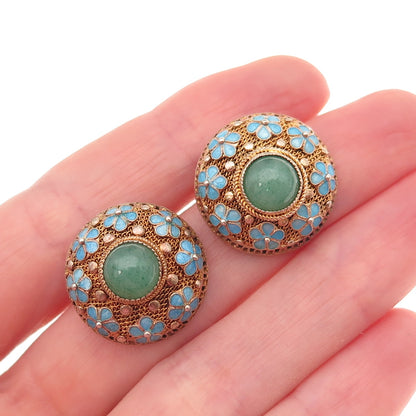 925 Sterling Silver Gold Plated Vintage Enamel Real Aventurine Floral Earrings