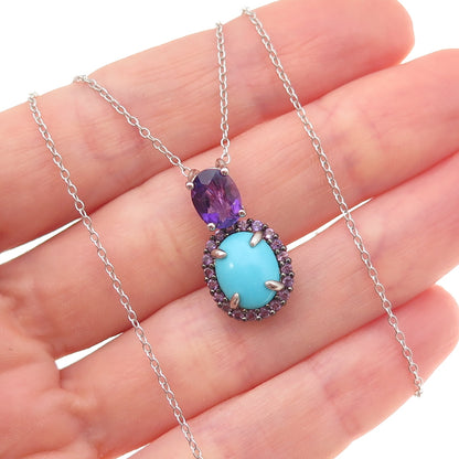 925 Sterling Real Sleeping Beauty Turquoise & Amethyst Cable Chain Necklace 18"