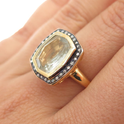 925 Sterling Silver Gold Plated Real Diamond & Green Amethyst Ring Size 6.75