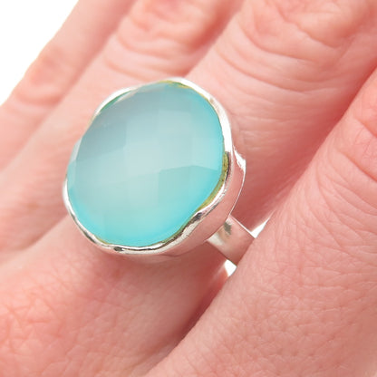925 Sterling Silver Real Blue Chalcedony Modernist Ring Size 9.5