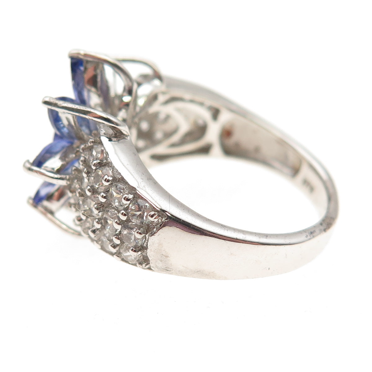 Chuck Clemency 925 Sterling Real Tanzanite & White Topaz Floral Ring Size 8.25