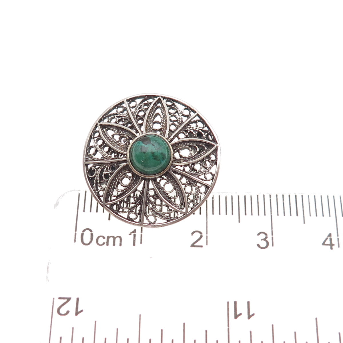 925 Sterling Silver Vintage Real Turquoise Floral Filigree Oxidized Pin Brooch