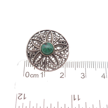 925 Sterling Silver Vintage Real Turquoise Floral Filigree Oxidized Pin Brooch
