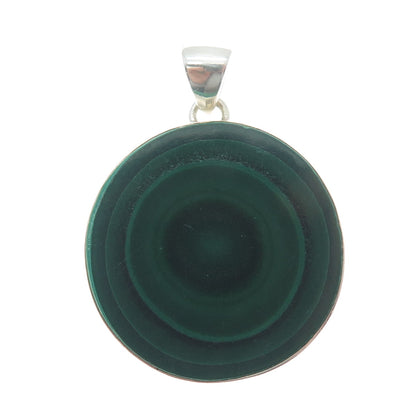 925 Sterling Silver Vintage Real Malachite Modernist Round Charm Pendant