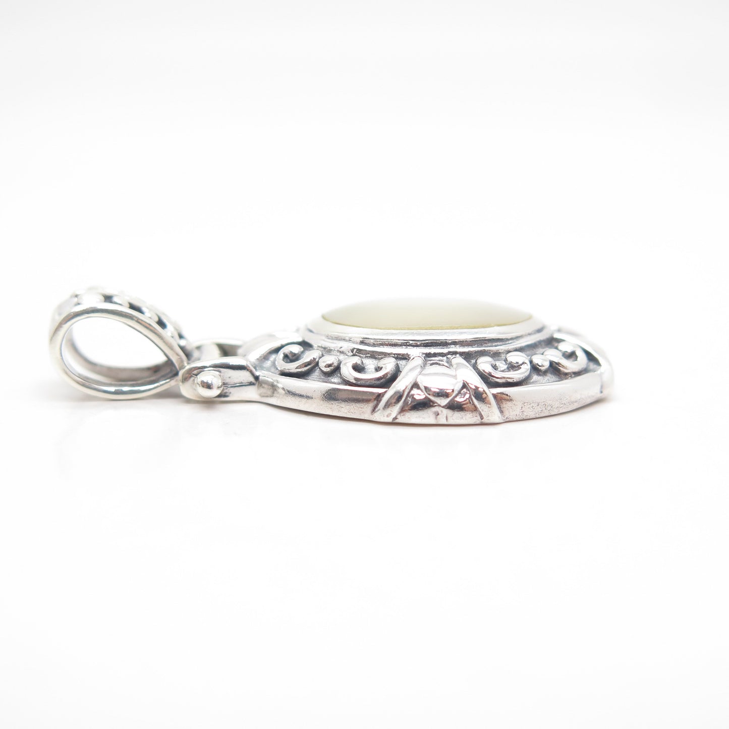 925 Sterling Silver Vintage Real Mother-of-Pearl Ornate Pendant