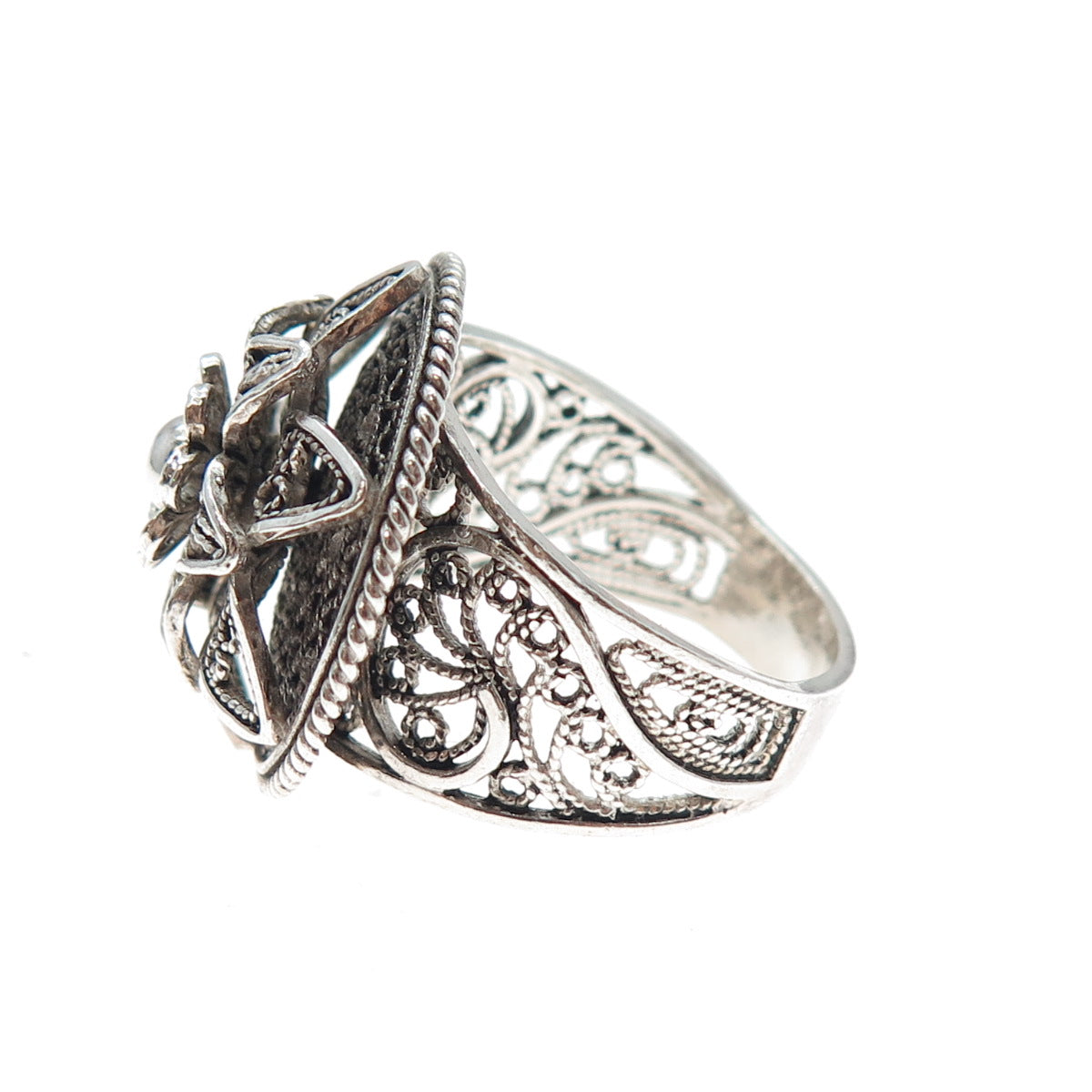 925 Sterling Silver Vintage Filigree Flower Oxidized Ring Size 11.25