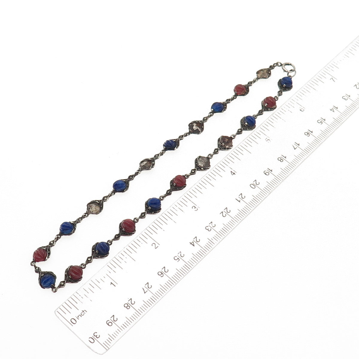 925 Sterling Silver Antique Real Carnelian Lapis Necklace 14" (missing 6 stones)
