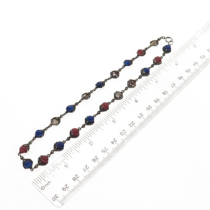 925 Sterling Silver Antique Real Carnelian Lapis Necklace 14" (missing 6 stones)