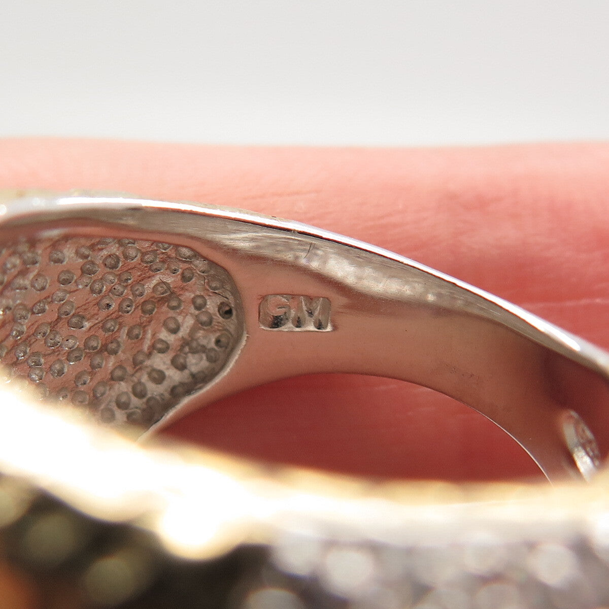 925 Sterling Silver Gold Plated Pave C Z Hammered Finish Wide Ring Size 8.25