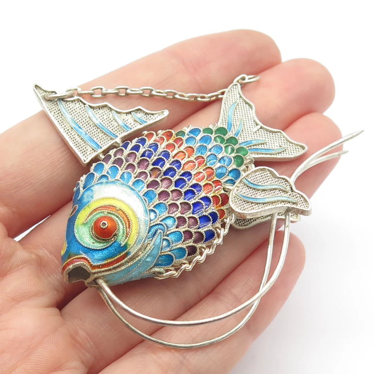 925 Sterling Silver Antique Enamel Chinese Koi Fish Articulated Chatelaine Fob