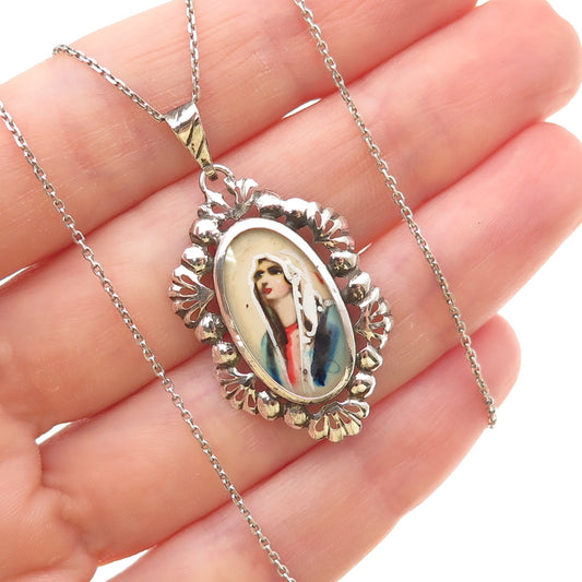 800 Silver Antique Art Deco Italy Hand-Painted Virgin Mary Chain Necklace 20"