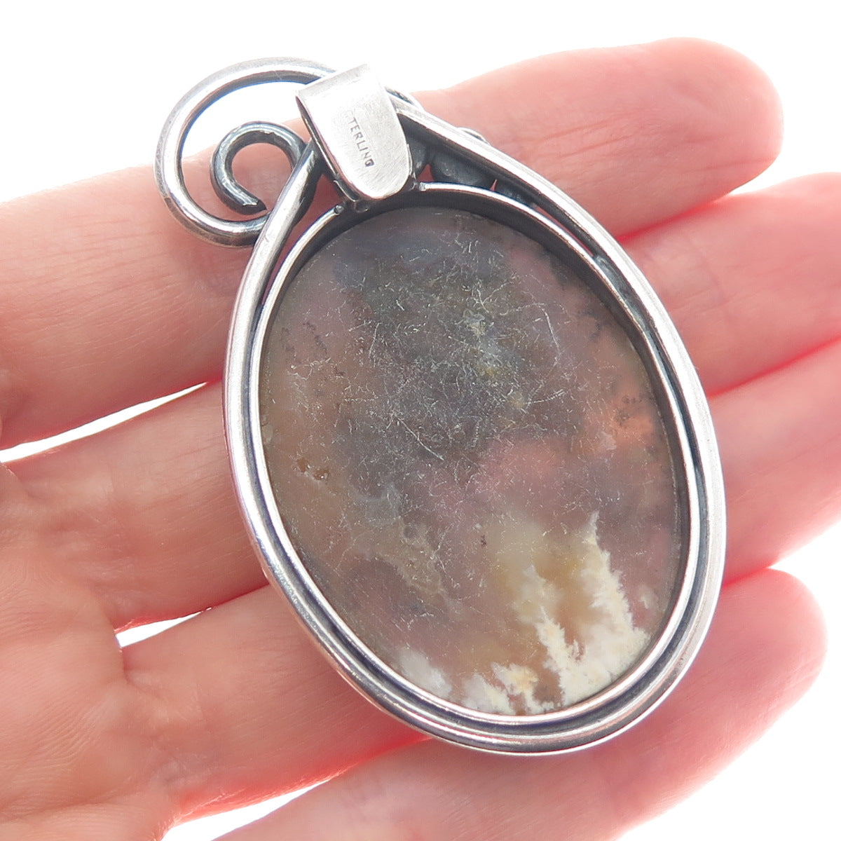925 Sterling Silver Vintage Real Agate Gemstone Landscape Slide Pendant