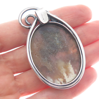 925 Sterling Silver Vintage Real Agate Gemstone Landscape Slide Pendant