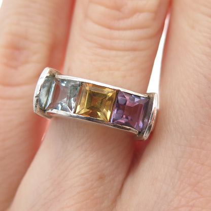925 Sterling Silver Vintage Real Amethyst Blue & Yellow Topaz Gem Ring Size 6.25