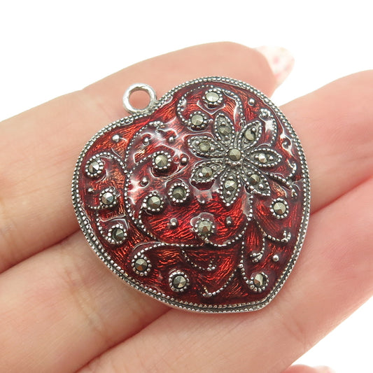 925 Sterling Silver Vintage Real Marcasite Gemstone & Red Enamel Heart Pendant