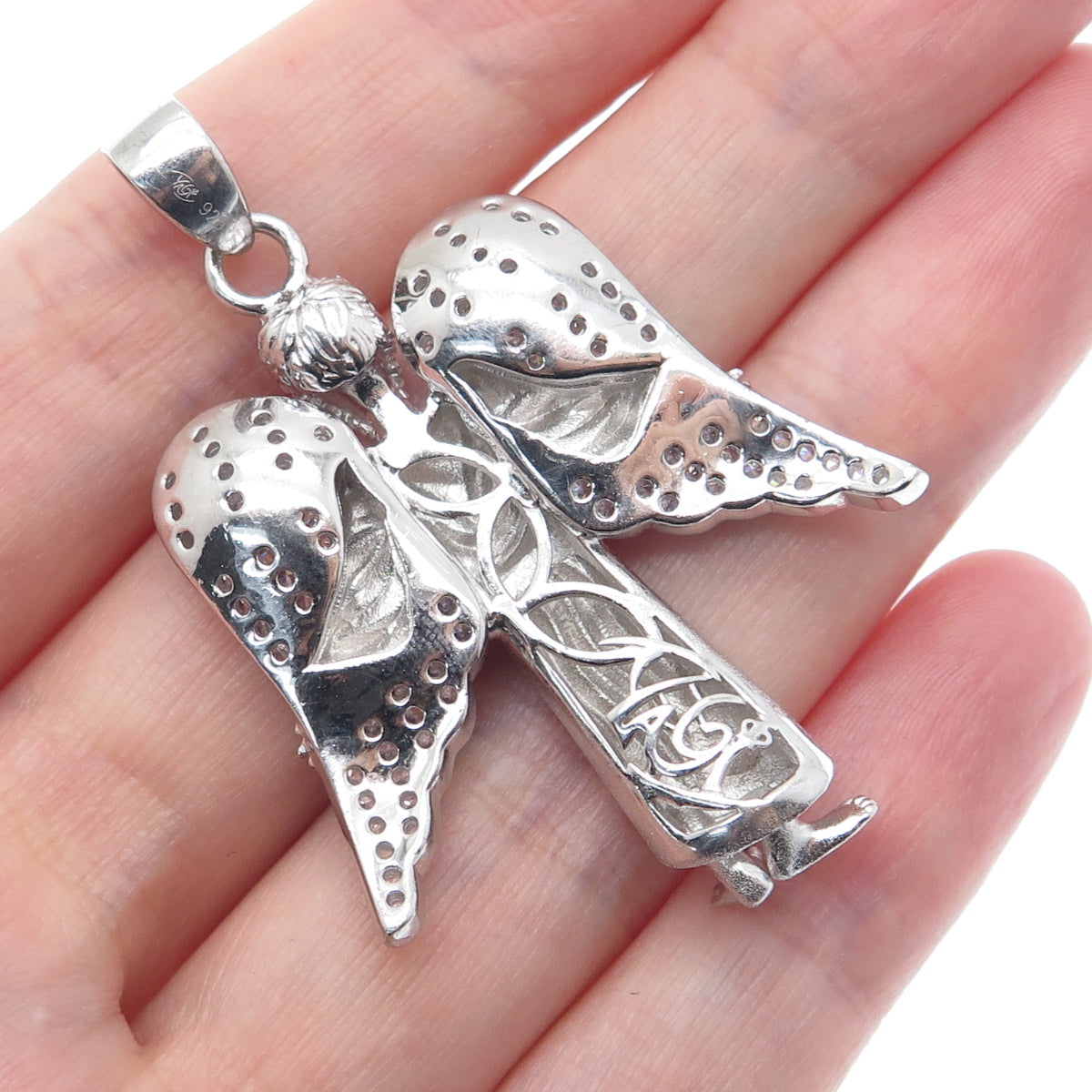 DESIGNS BY YAGI 925 Sterling Silver Round-Cut C Z Guardian Angel Charm Pendant